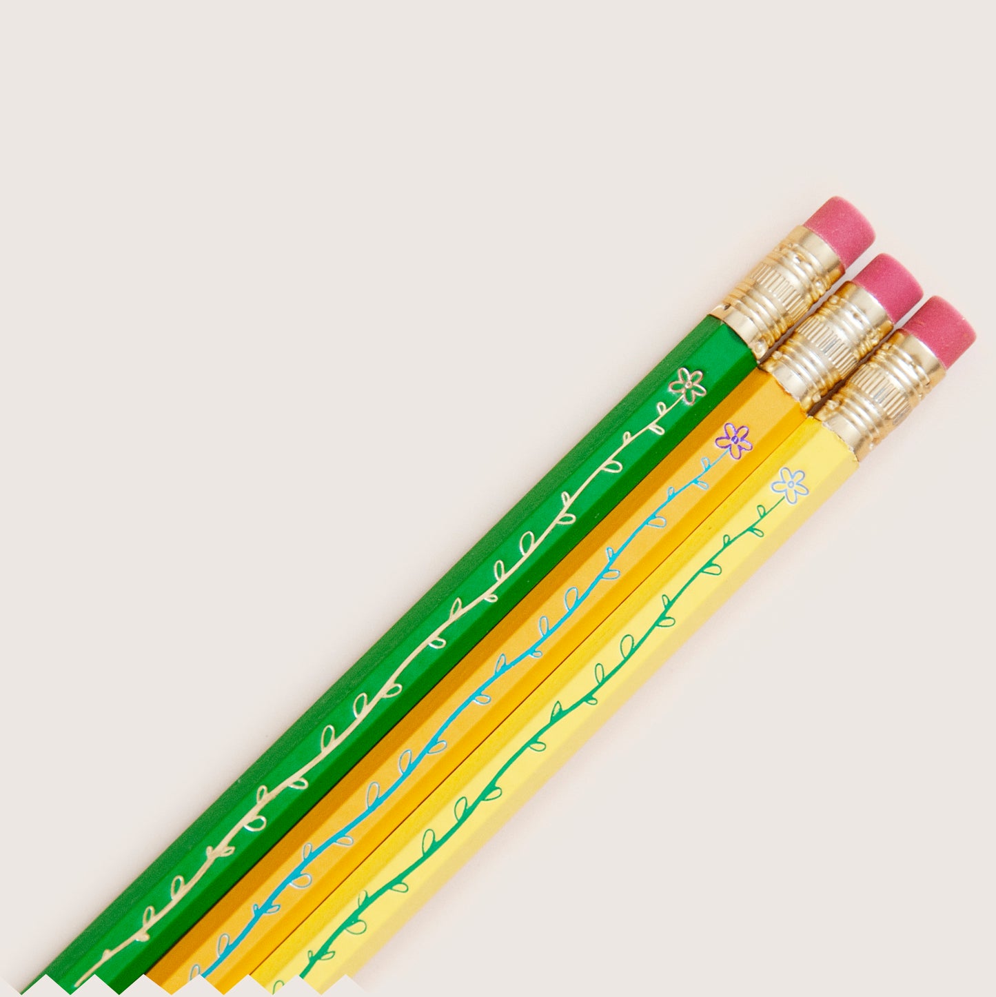 Blooming flowers hot metallic foil-stamped pencil set, green, orange and yellow