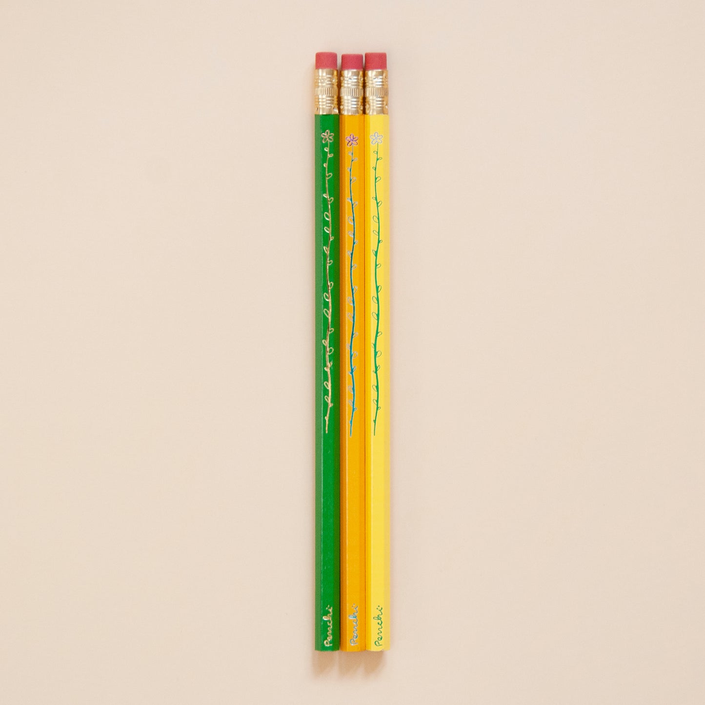 Set of 3 pencils with hot-stamped flower design, handmade in Toronto