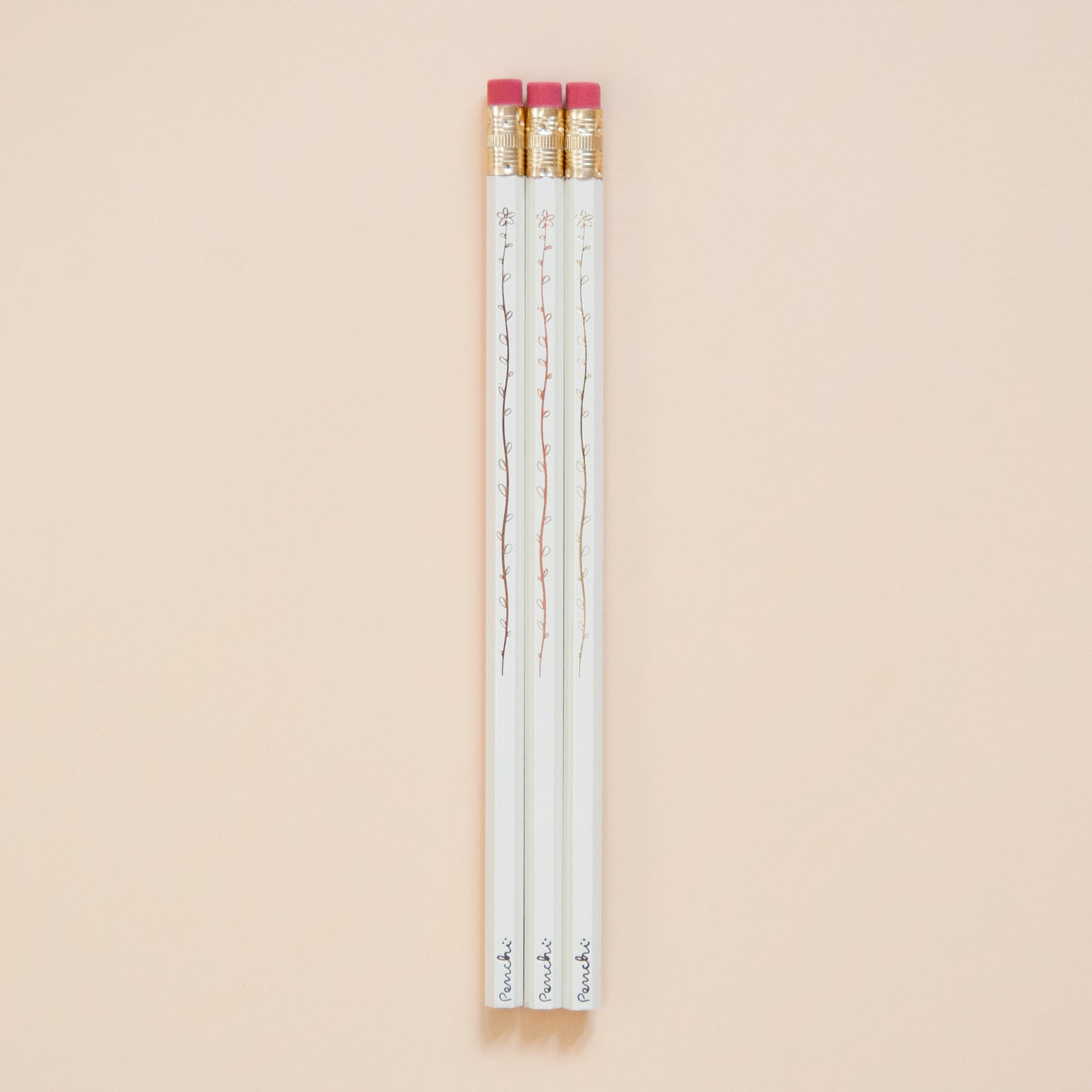 Set of 3 pencils with hot-stamped flower design, neutral shades, handmade in Toronto