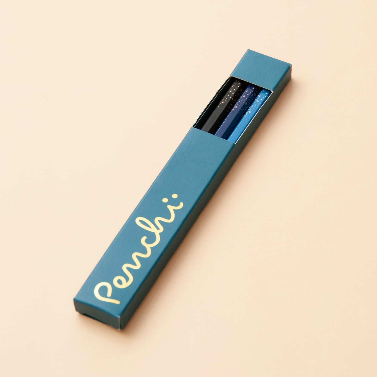 Stars design hot foil-stamped pencil set shown in its packaging box