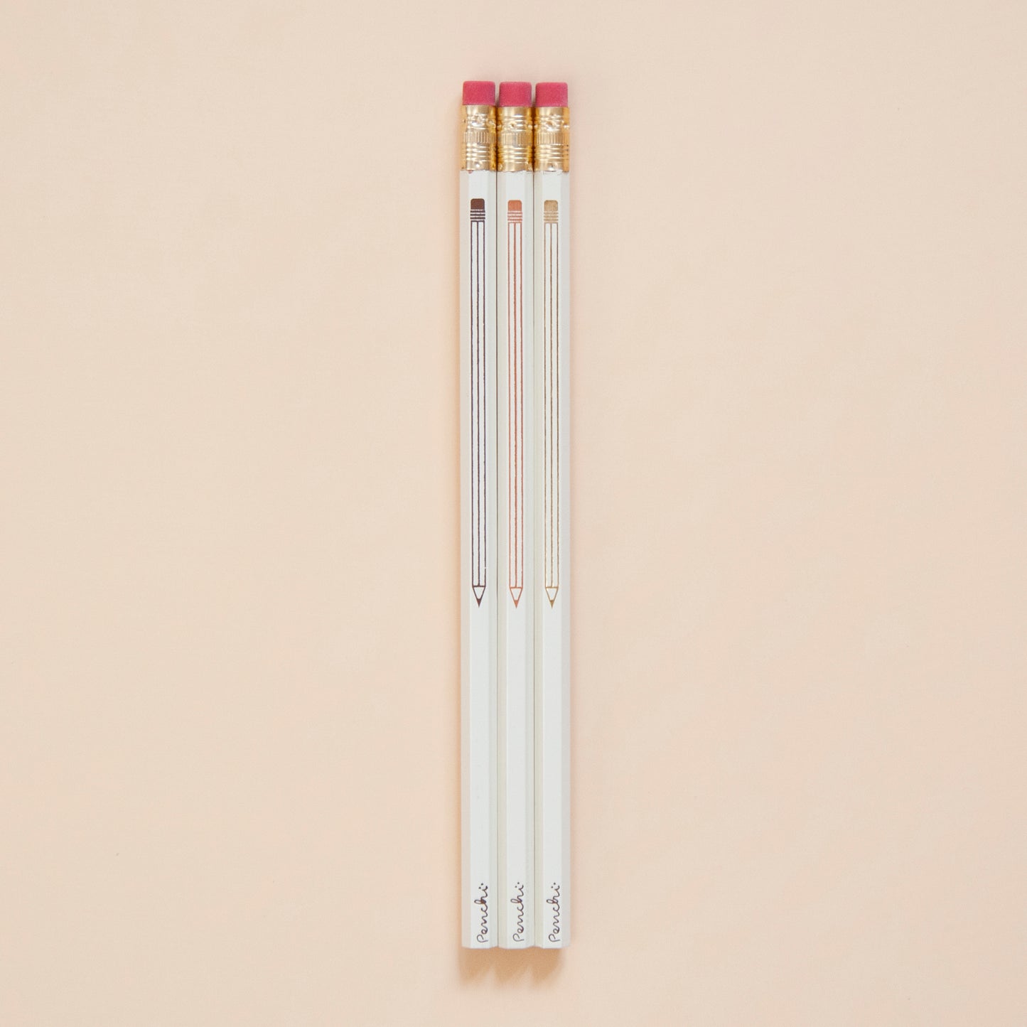 Full-scale photo of pencil-on-a-pencil metallic hot-stamped pencil set, neutral shades