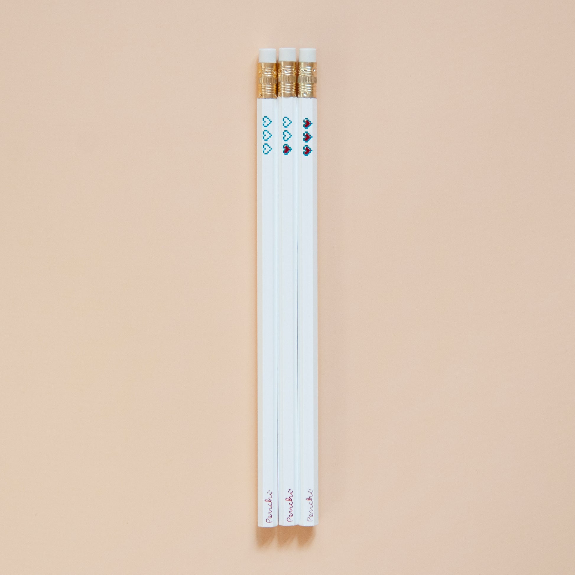 Hot foil-stamped pencil set with pixel heart containers, white pencils, full scale