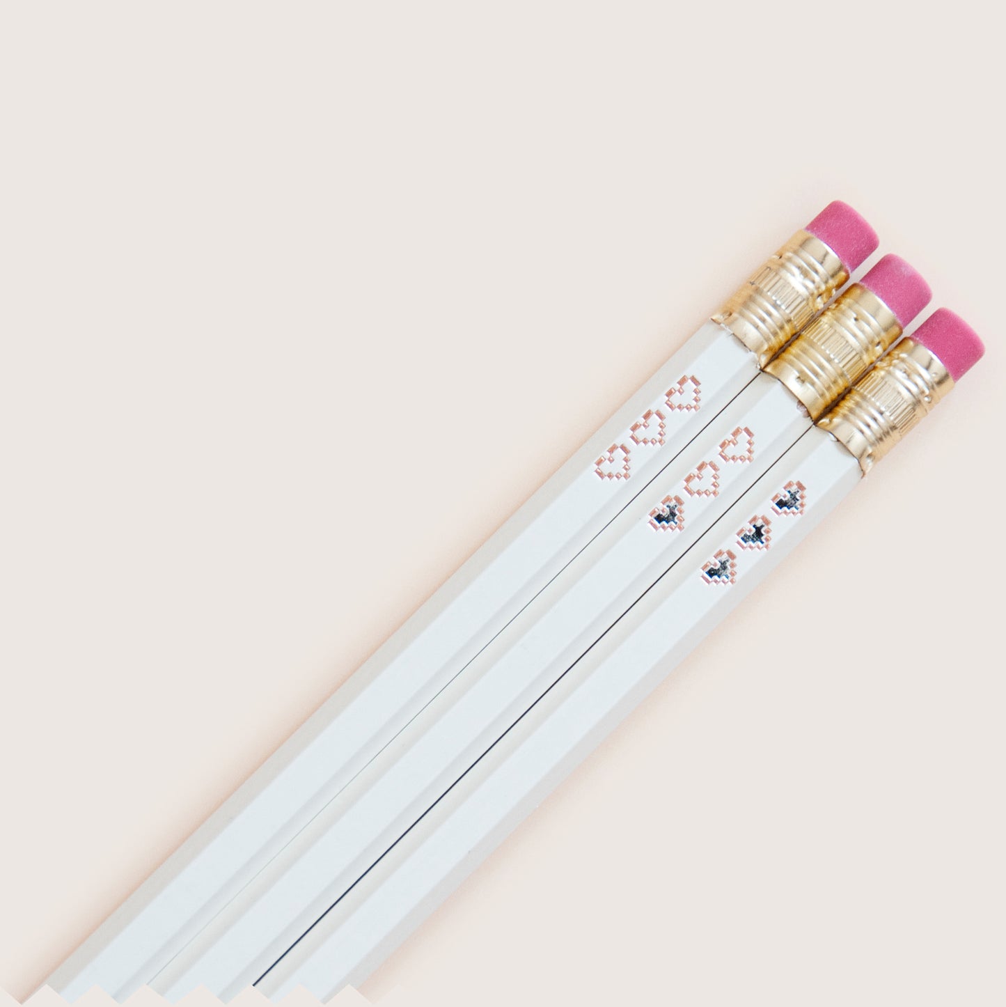 Hot foil-stamped pencil set with pixel heart containers, copper and silver