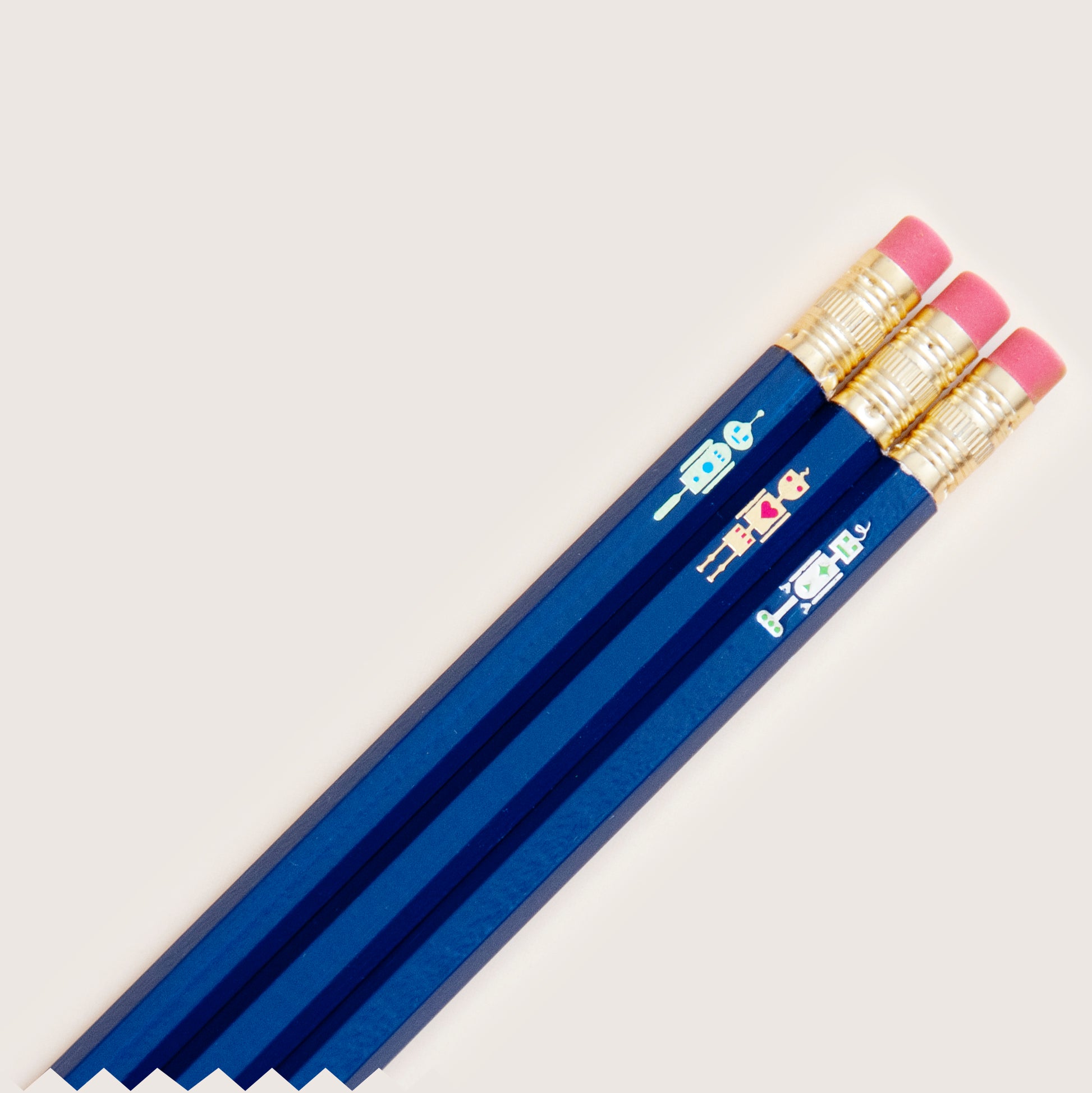 Hand-stamped hot foil pencil set featuring 3 cute little robots