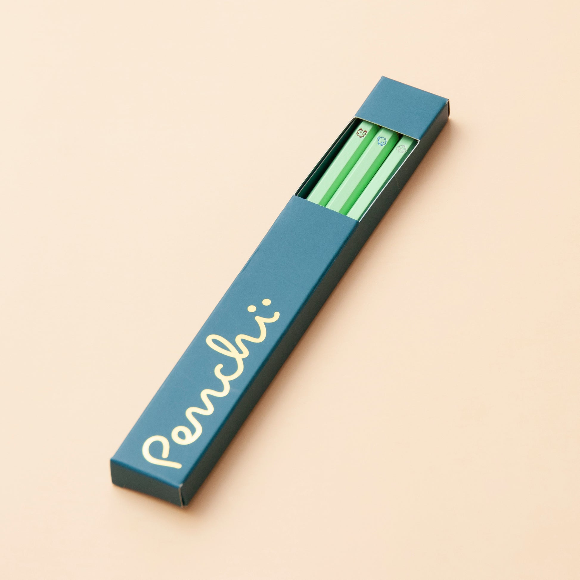 Mint green Tamagotchi pencil set in box packaging, hand made gift idea from Toronto