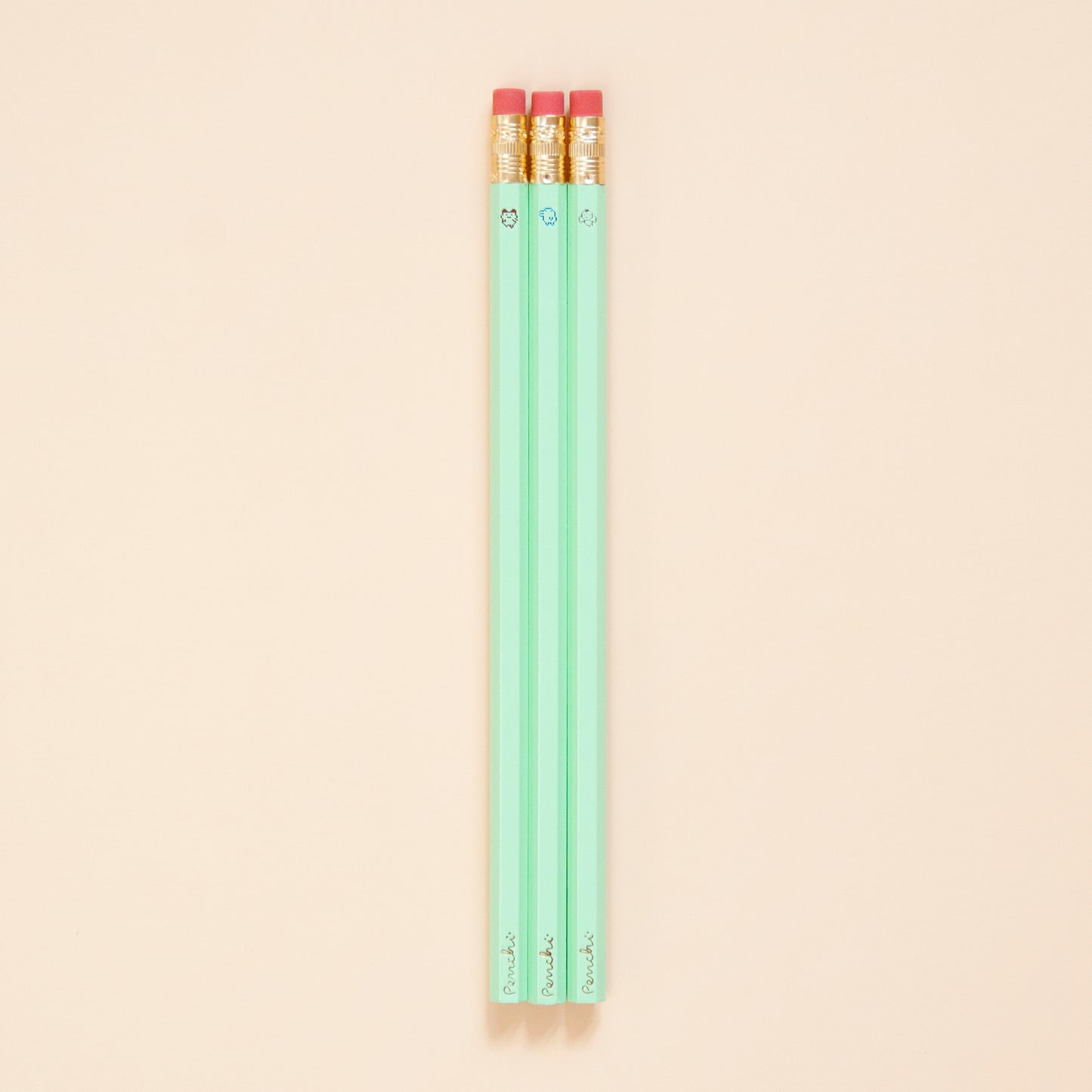 Oldschool tamgotchi characters wooden pencil set, hand-made with hot foil, mint green