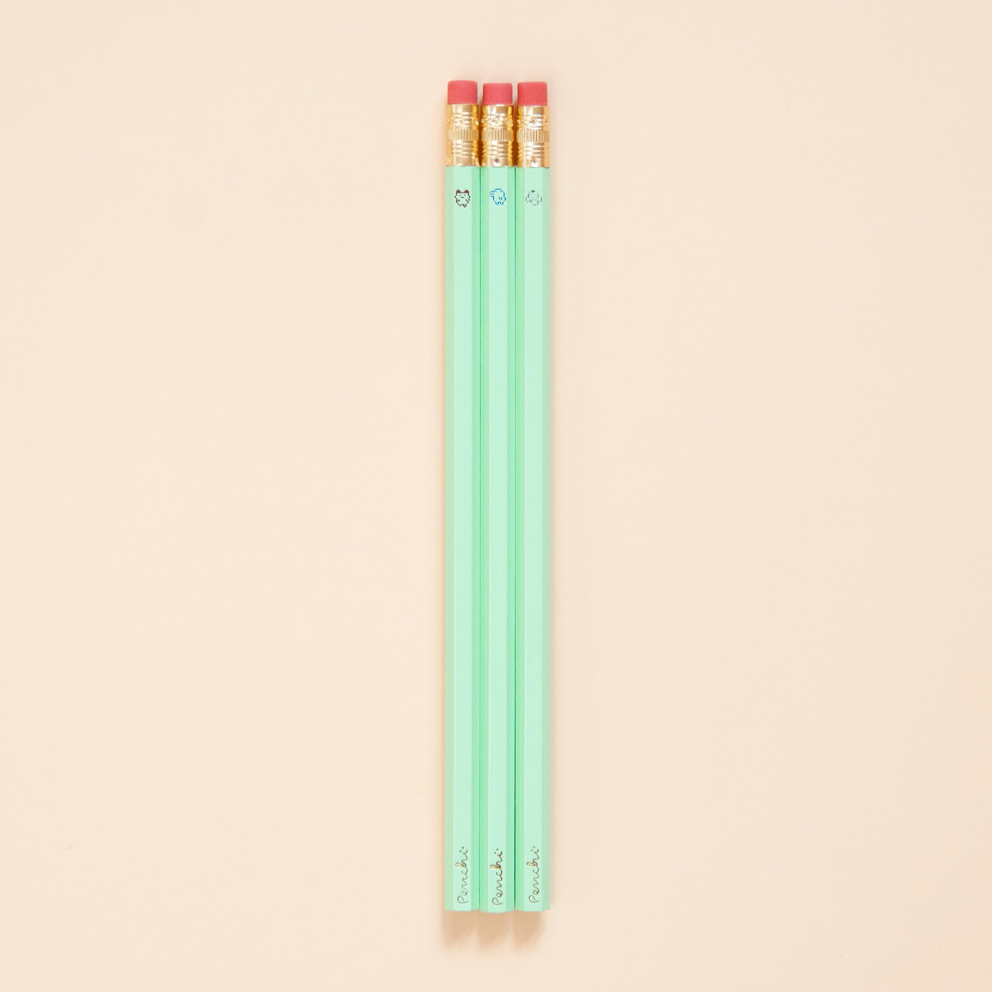 Oldschool tamgotchi characters wooden pencil set, hand-made with hot foil, mint green