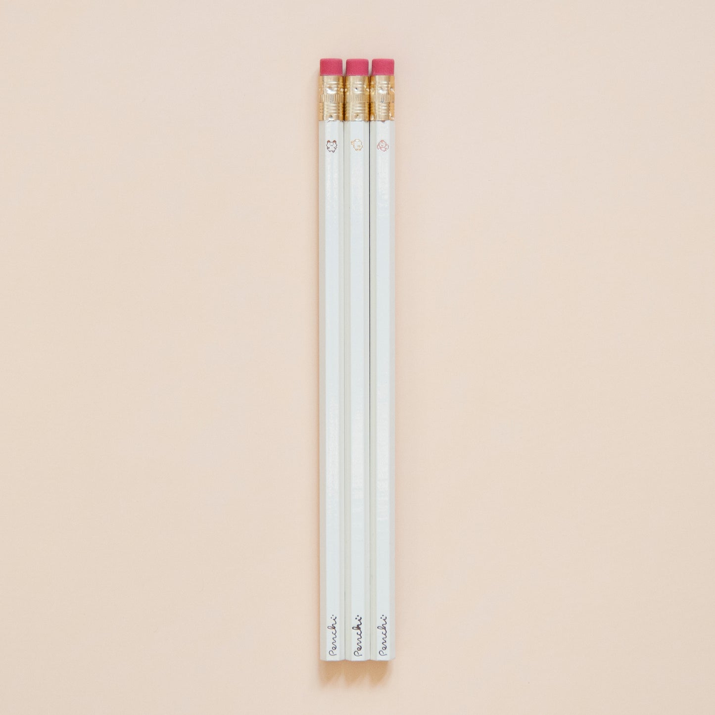 Oldschool tamgotchi characters wooden pencil set, hand-made with hot foil, neutral shades