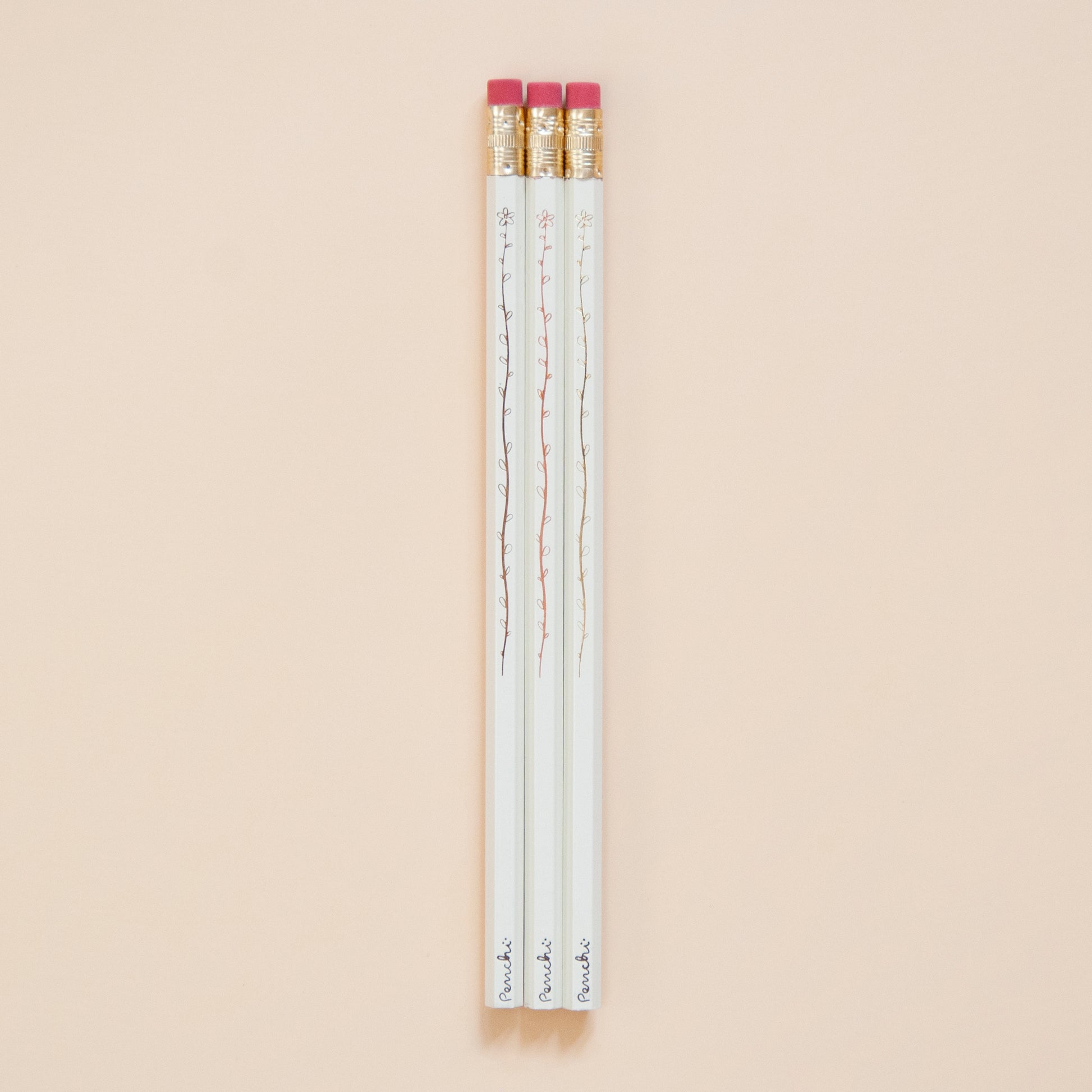 Set of 3 pencils with hot-stamped flower design, neutral shades, handmade in Toronto
