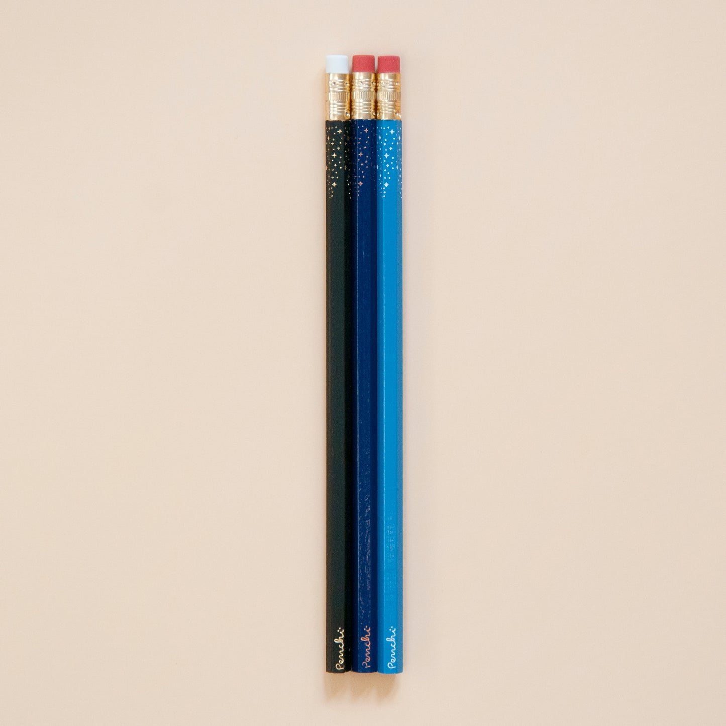 Black and blue starry-tipped wooden pencils, hand-stamped in Toronto