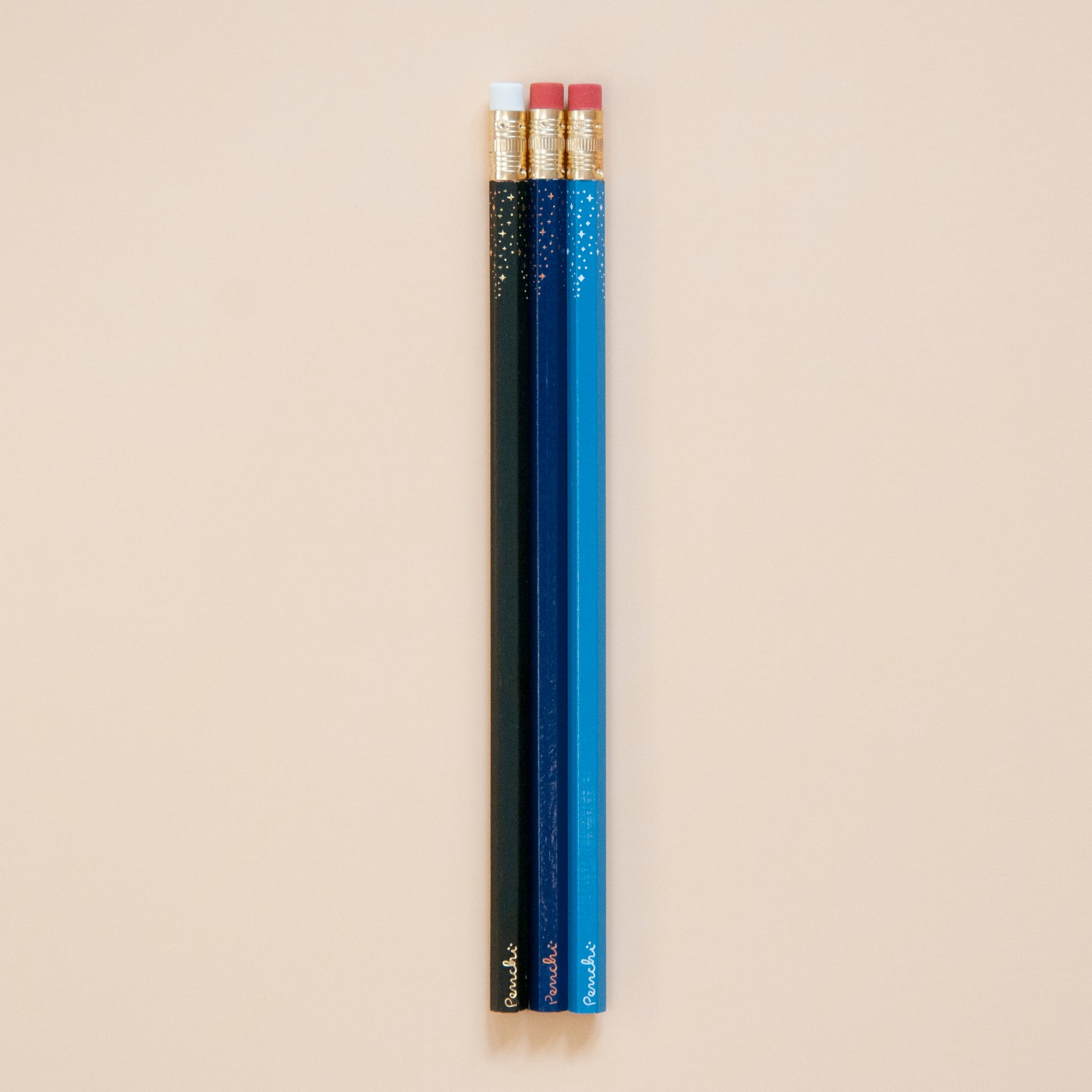 Black and blue starry-tipped wooden pencils, hand-stamped in Toronto
