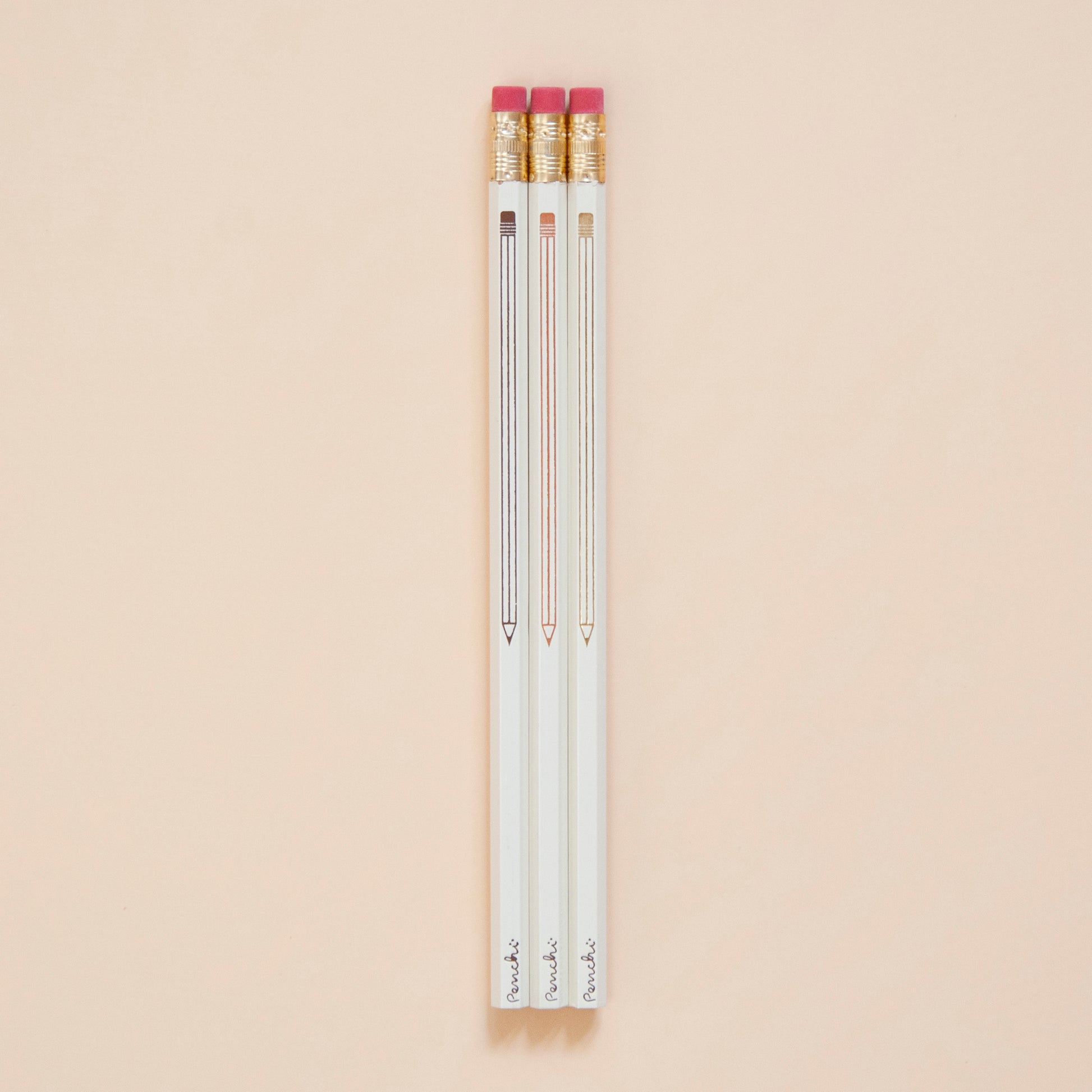 Full-scale photo of pencil-on-a-pencil metallic hot-stamped pencil set, neutral shades