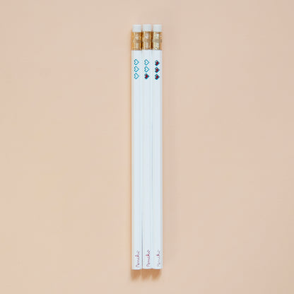 Hot foil-stamped pencil set with pixel heart containers, white pencils, full scale