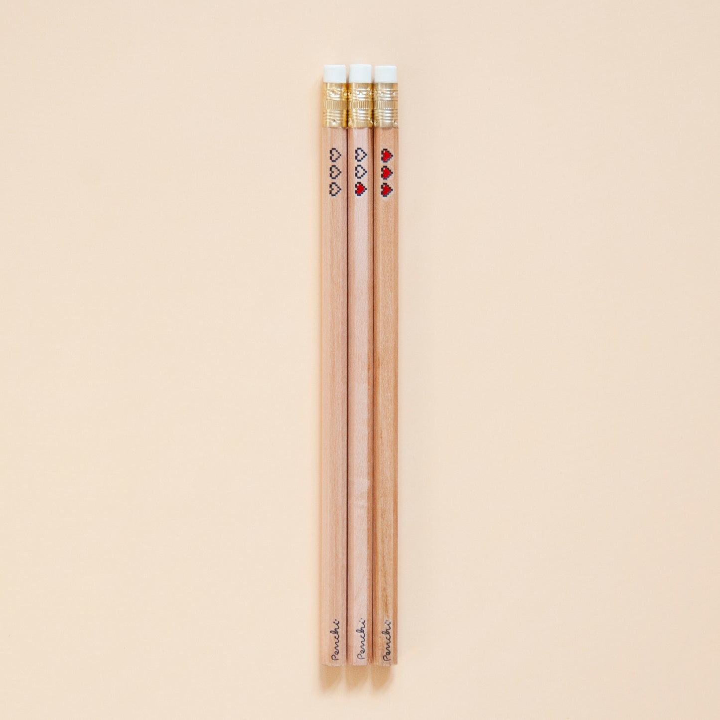 Hot foil-stamped pencil set with pixel heart containers, black and red, full scale