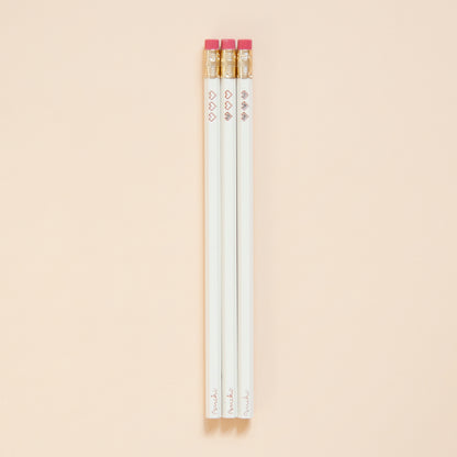 Hot foil-stamped pencil set with pixel heart containers, neutral tones, full scale