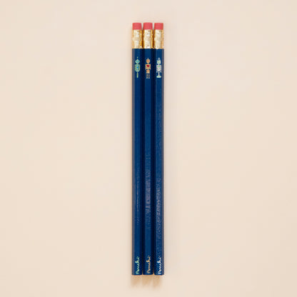 Full scale photo of robot pencil set, stamped by hand in Toronto using metallic hot foils, dark blue pencil base