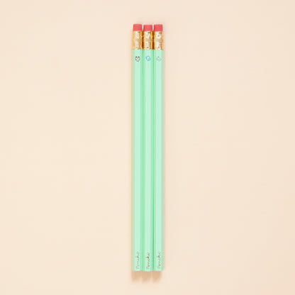 Oldschool tamgotchi characters wooden pencil set, hand-made with hot foil, mint green